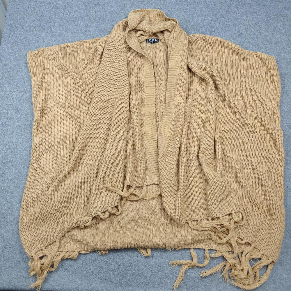 POL Sweater Vest Womens Large Beige Chunky Knit Wrap Fringe Open Front Collared